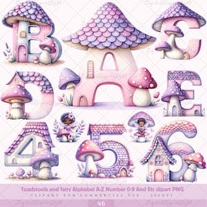 Alfabeto de hongos y hadas A-Z Número 0-9, Letra de hongos morados, Decoración infantil ABC, Alfabeto de hongos PNG, Paquete de imágenes prediseñadas de paquete de fuentes.