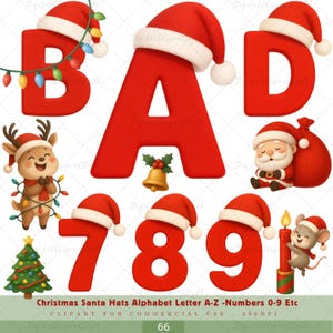 Alfabeto navideño con gorros de Papá Noel: letras rojas de la A a la Z y números del 0 al 9 PNG para manualidades navideñas, decoración infantil, tarjetas y arte mural.