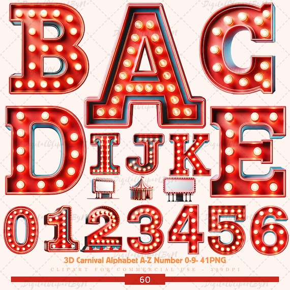 3D Carnival Alphabet A-Z number 0-9 , Carnival Letter, Circus Nursery Deco ABC, Carnival Alphabet PNG, Circus Font Clipart.