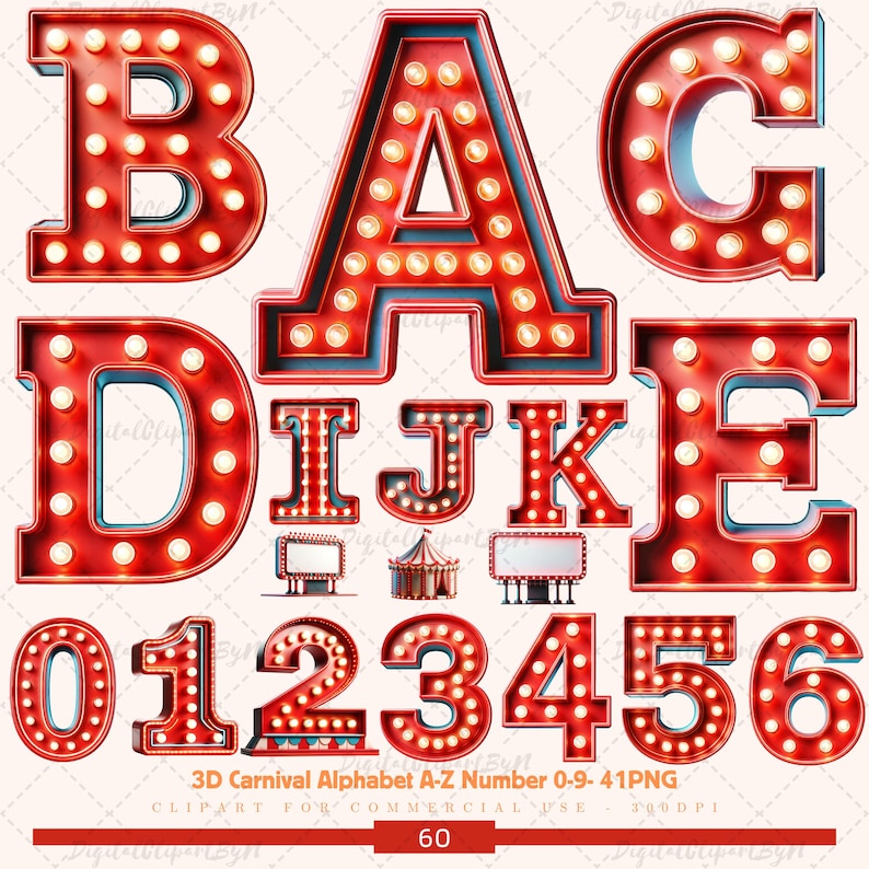 May include: Red marquee letters and numbers with illuminated bulbs. The image includes the letters B, A, C, D, I, J, K, E, and the numbers 0, 1, 2, 3, 4, 5, and 6. The text "3D Carnival Alphabet A-Z Number 0-9" is also visible.