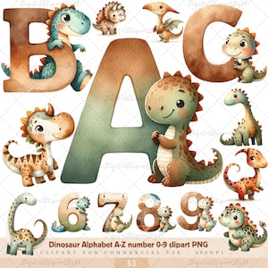 Paquete de alfabeto de dinosaurios A-Z, números 0-9, letra de dinosaurio, dinosaurio educativo, decoración de guardería de dinosaurios ABC, alfabeto de dinosaurio PNG, clipart de fuente de dinosaurio.