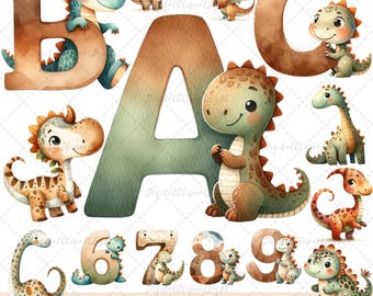 May include: A set of watercolor illustrations featuring a dinosaur alphabet and numbers. The letters and numbers are brown and green with a dinosaur holding onto each one. The dinosaurs are in various poses and colors.