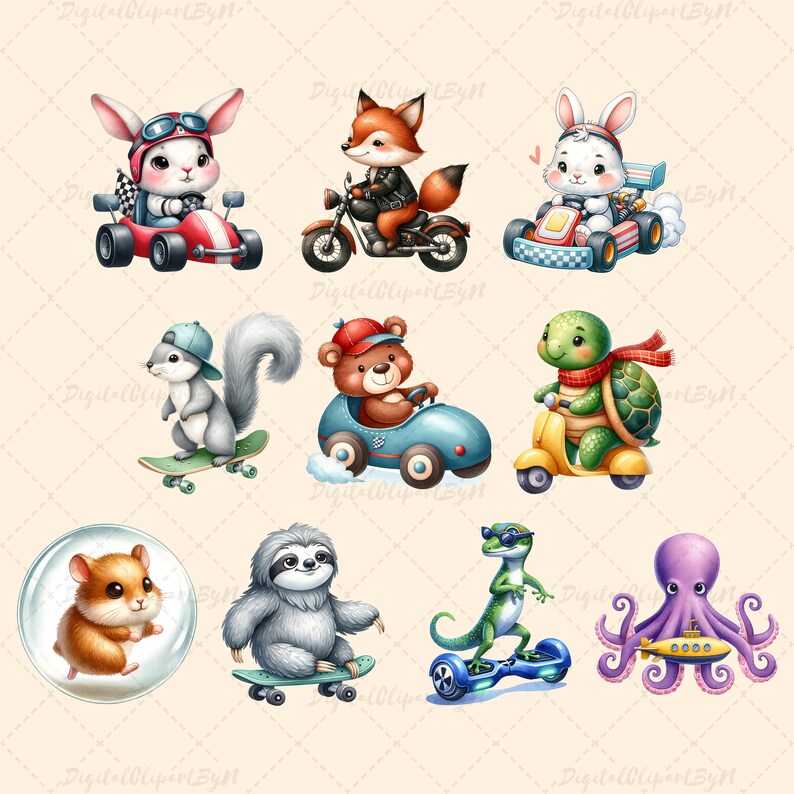 Cute Animal Racer Clipart Bundle | Kids Party Decor | Nursery Wall Art ...