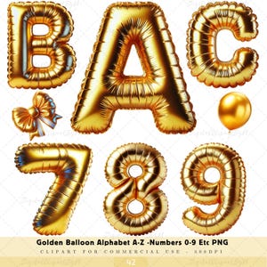 Golden Balloon Alphabet Clipart, A-Z Letters and Numbers 0-9, Shiny Gold Balloons for Party Decor, Birthday Designs, and Event Graphics