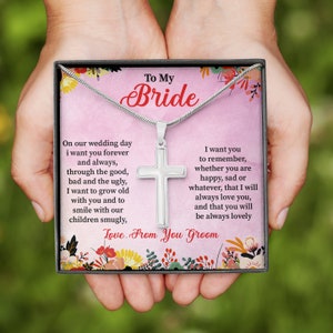 Aan mijn bruid gepersonaliseerde kruis ketting, verjaardag ketting, christelijke sieraden, ketting voor bruid, cadeau voor haar, gepersonaliseerde berichtkaart