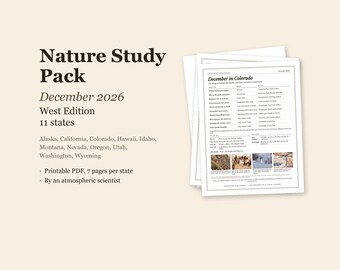 Può includere: Un pacchetto di studio sulla natura per dicembre 2026, edizione Ovest, che include 11 stati tra cui Alaska, California, Colorado, Hawaii, Idaho, Montana, Nevada, Oregon, Utah, Washington e Wyoming. PDF stampabile di 7 pagine per stato.