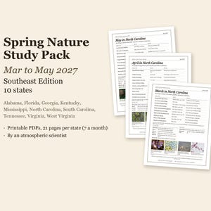 Pu&ograve; includere: Un pacchetto di studio sulla natura primaverile da marzo a maggio 2027, edizione del sud-est, che copre 10 stati. Il set include PDF stampabili con 21 pagine per stato, con guide all'osservazione della natura per Alabama, Florida e altri.