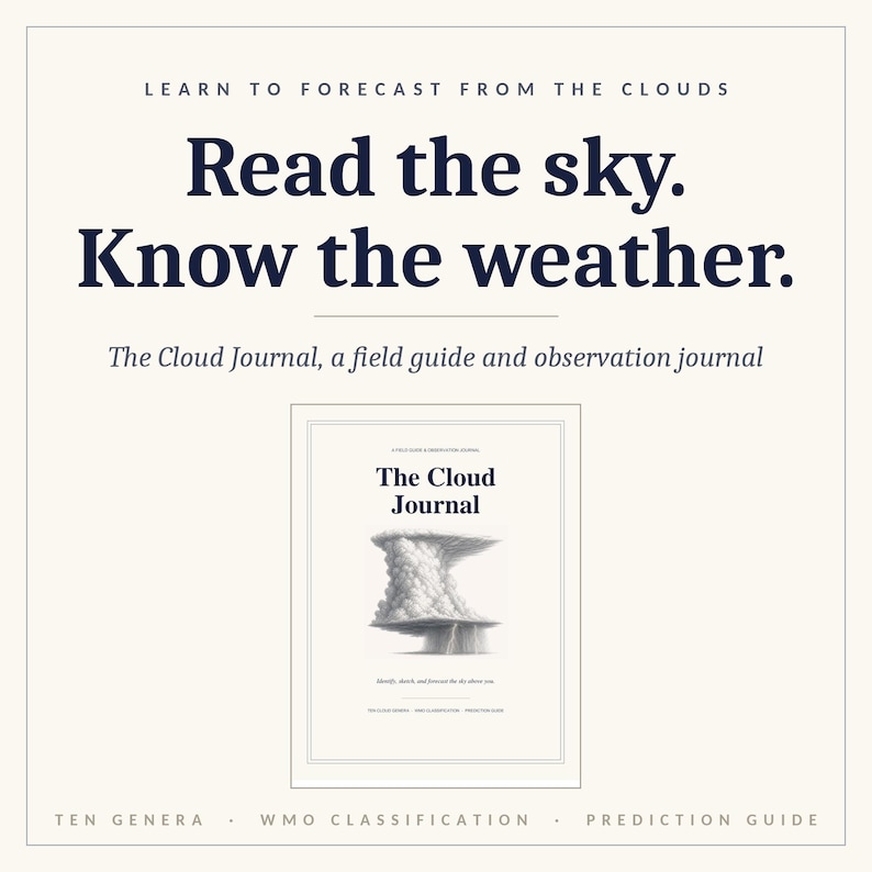 May include: A cream-colored book cover titled The Cloud Journal, a field guide and observation journal. The cover features a detailed black and white illustration of a cumulonimbus cloud and the text: Learn to forecast from the clouds. Read the sky. Know the weather. Ten genera, WMO classification, prediction guide.