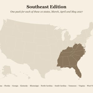 Pu&ograve; includere: Una grafica con mappa intitolata Southeast Edition, che mostra una mappa degli Stati Uniti color beige chiaro con dieci stati del sud-est evidenziati in marrone. Il testo recita: One pack for each of these 10 states, March, April and May 2027, seguito dai nomi degli stati.
