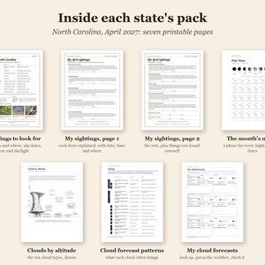 Pu&ograve; includere: Un set di sette pagine stampabili intitolate Inside each state's pack, North Carolina, April 2027. Le pagine includono tabelle per April in North Carolina, My April sightings, The month's moon, Clouds by altitude e cloud forecast patterns.