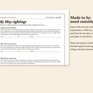 Pu&ograve; includere: Un documento stampato bianco intitolato My May sightings di Amphibian Publishing, datato maggio 2027. Presenta liste di controllo per lucciole sincrone, cuccioli di alce e orsi neri con piccoli, inclusi testi descrittivi e righe per data, ora e luogo.