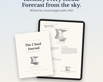 Può includere: The Cloud Journal è una guida digitale da campo e un diario di osservazione con una copertina che presenta un'illustrazione di una nuvola e il titolo The Cloud Journal. Un tablet mostra una pagina aperta sui Cumulonembi con testo e diagrammi.