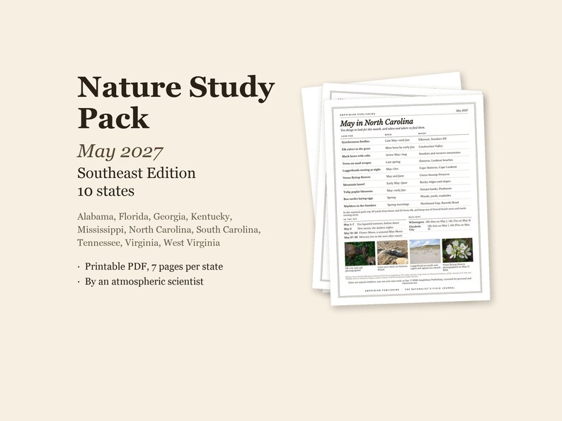 May 2027 Nature Study Pack, Southeast, 10 States, Printable PDF (7 pages each) image 1