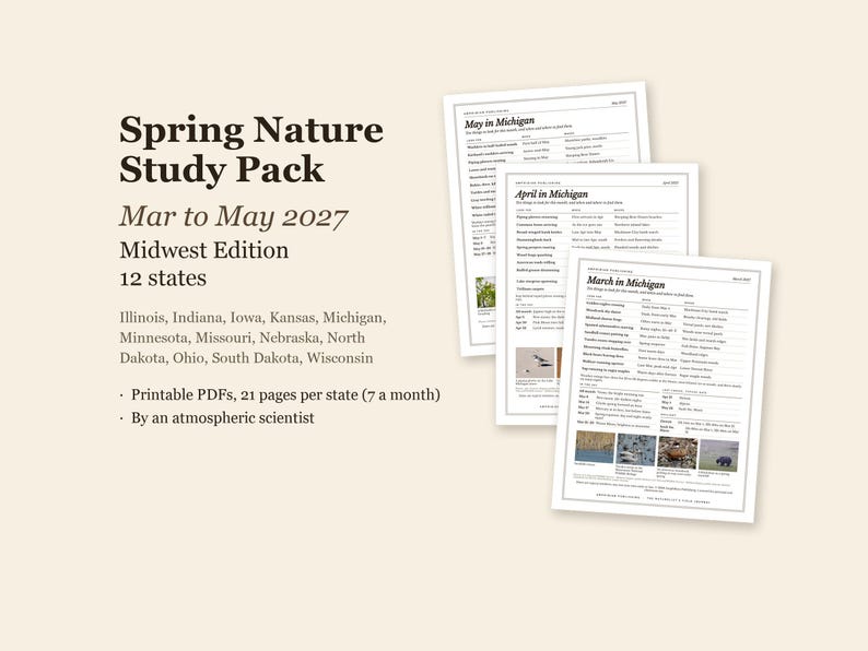 May include: A Spring Nature Study Pack for March to May 2027, Midwest Edition, featuring 12 states including Illinois, Indiana, Iowa, Kansas, Michigan, Minnesota, Missouri, Nebraska, North Dakota, Ohio, South Dakota, and Wisconsin.