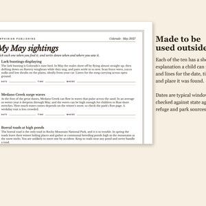 May include: A white informational sheet titled My May sightings by Amphibian Publishing, dated Colorado - May 2027. It lists nature observations including Lark buntings, Medano Creek surge waves, and Boreal toads with blank lines for date, time, and location.