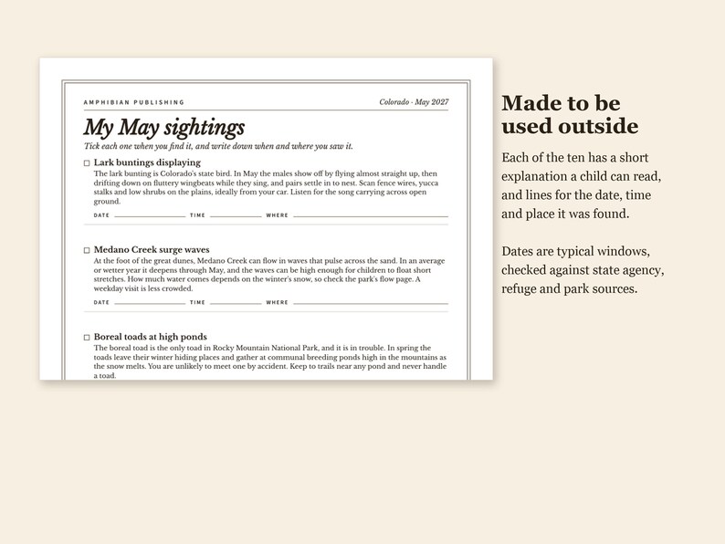 May include: A white informational sheet titled My May sightings by Amphibian Publishing, dated Colorado - May 2027. It lists nature observations including Lark buntings, Medano Creek surge waves, and Boreal toads with blank lines for date, time, and location.