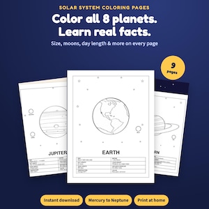 May include: A set of nine solar system coloring pages featuring black and white line art of planets including Earth, Jupiter, and Saturn. Each page includes educational facts about size, moons, and day length. Text reads: Solar System Coloring Pages.