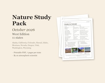 May include: A Nature Study Pack for October 2026, West Edition, covering 11 states such as Alaska, California, and Colorado. The printable PDF set contains seven pages per state, with a document displaying October in Colorado, nature lists, and photos.