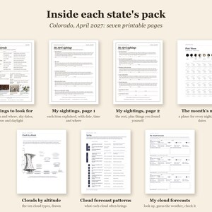 May include: A set of seven printable pages titled Inside each state's pack, Colorado, April 2027. The pages include Ten things to look for, My sightings pages one and two, The month's moon, Clouds by altitude, Cloud forecast patterns, and My cloud forecasts.