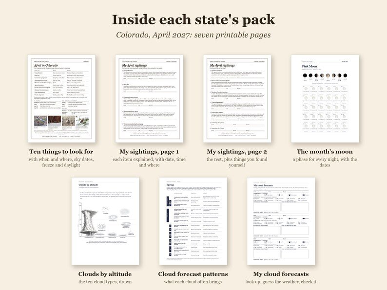 May include: A set of seven printable pages titled Inside each state's pack, Colorado, April 2027. The pages include Ten things to look for, My sightings pages one and two, The month's moon, Clouds by altitude, Cloud forecast patterns, and My cloud forecasts.