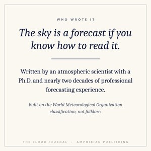 May include: A square white card with black text that reads: WHO WROTE IT. The sky is a forecast if you know how to read it. Written by an atmospheric scientist with a Ph.D. and nearly two decades of professional forecasting experience. Built on the World Meteorological Organization classification, not folklore. THE CLOUD JOURNAL &middot; AMPHIBIAN PUBLISHING.