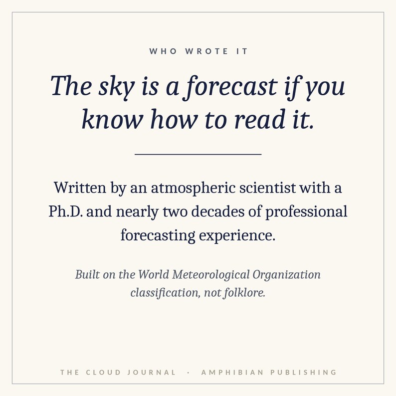 May include: A square white card with black text that reads: WHO WROTE IT. The sky is a forecast if you know how to read it. Written by an atmospheric scientist with a Ph.D. and nearly two decades of professional forecasting experience. Built on the World Meteorological Organization classification, not folklore. THE CLOUD JOURNAL &middot; AMPHIBIAN PUBLISHING.