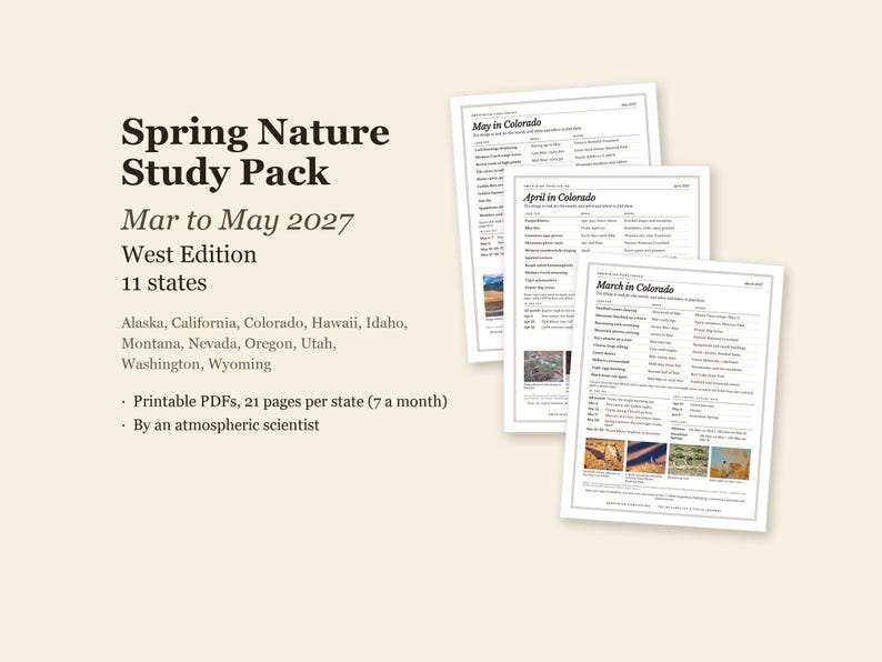 May include: A Spring Nature Study Pack for March to May 2027, West Edition, covering 11 states. The printable PDF set includes 21 pages per state, featuring three document pages with text and small nature photographs on a light background.