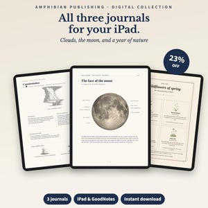 May include: Three digital journals for iPad displayed on screens, featuring text and illustrations about clouds, the moon, and wildflowers. The text includes "Amphibian Publishing Digital Collection," "All three journals for your iPad," and "23% OFF."