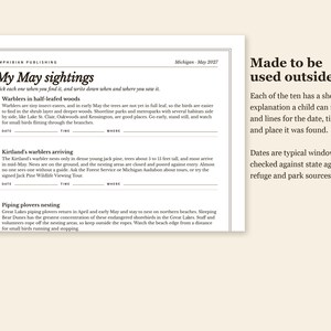 May include: A white paper document titled My May sightings by Amphibian Publishing, dated Michigan - May 2027. It features a checklist for bird observations including Warblers in half-leafed woods, Kirtland's warblers arriving, and Piping plovers nesting.