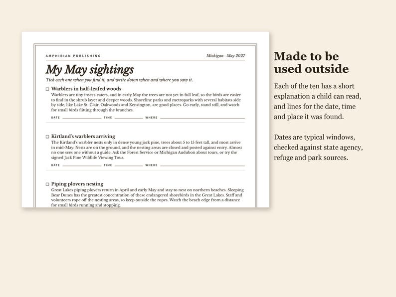 May include: A white paper document titled My May sightings by Amphibian Publishing, dated Michigan - May 2027. It features a checklist for bird observations including Warblers in half-leafed woods, Kirtland's warblers arriving, and Piping plovers nesting.