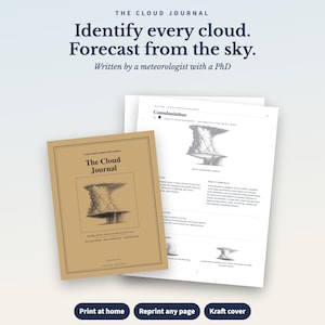 May include: The Cloud Journal is a tan-colored observation guide featuring a black-and-white illustration of a cumulonimbus cloud on the cover. The interior pages display detailed meteorological diagrams, cloud classifications, and descriptive text.