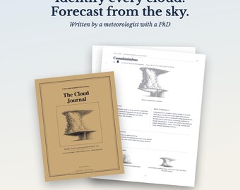 Può includere: The Cloud Journal è una guida all'osservazione color marrone chiaro con un'illustrazione in bianco e nero di una nube cumulonembo sulla copertina. Le pagine interne mostrano diagrammi meteorologici dettagliati e testi descrittivi.