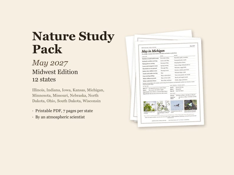 Natuurstudiepakket mei 2027, Midwest, 12 staten, printbaar PDF-bestand (7 pagina's per staat) afbeelding 1