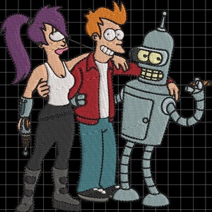 May include: An embroidered image of three characters from the animated series Futurama. The characters are Leela, Fry, and Bender. Leela is a purple-haired woman wearing a white tank top and black pants. Fry is a red-haired man wearing a red jacket and blue jeans. Bender is a silver robot with a single eye and a cigarette in his hand.