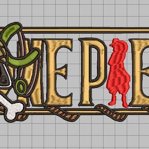 May include: Embroidered patch featuring the "One Piece" logo in gold with a skull and crossbones, a silhouette of a person, and an anchor. The logo is surrounded by a rope design.