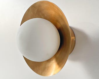 Modern Brass Wall Sconce, Opal Glass Globe, Mid Century Lighting