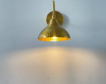 Handcrafted Fluted Brass Wall Sconce | Mid Century Gooseneck Lamp