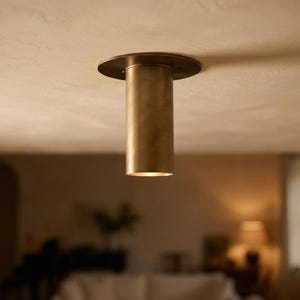 May include: A cylindrical, bronze-colored ceiling light fixture. The light has a circular base and a downward-facing, tubular shade. The fixture is mounted on a light-colored ceiling. The light is on, emitting a warm glow.