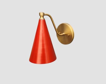 Handmade Brass wall sconce with Red lampshade :Minimalist vintage Brass Lighting