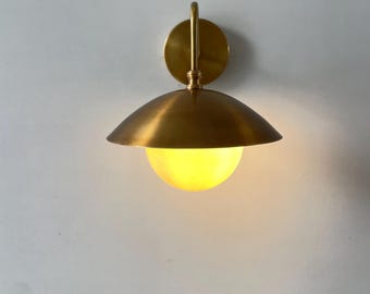 Handmade Brass Wall Sconce | Mid-Century Opal Glass Lamp