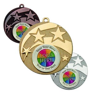 10 Personalised 50mm Shooting Star Medals! Perfect For School Medals, Dance Competitions, Special Awards or Birthday Parties!