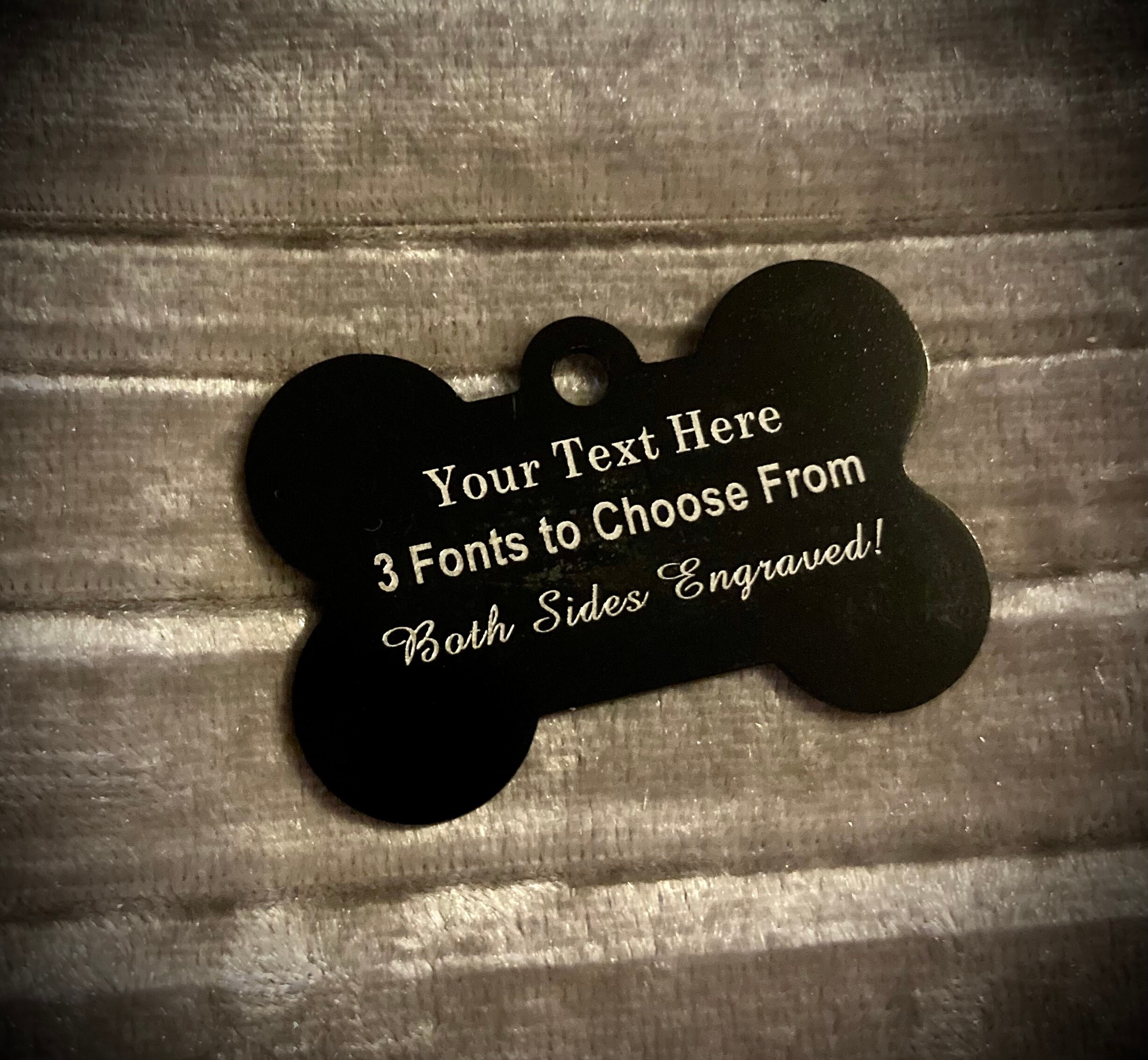 38mm black aluminium bone dog tag engraved on both sides