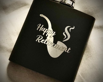 Retirement 6oz Matt Black Hip Flask with Pipe Engraving