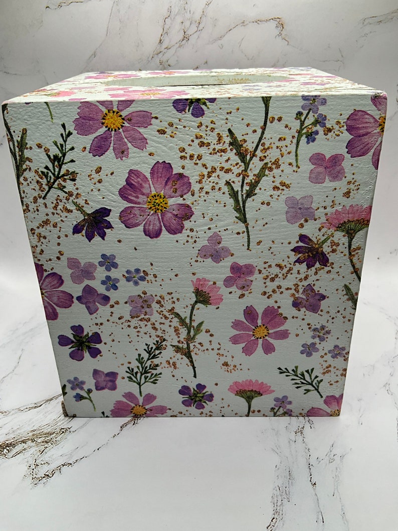 Decoupaged Flower Wood Tissue Box Cover Etsy