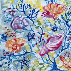 decoupage napkins, seashell paper napkins, 3 individual colorful coral cocktail napkins for decoupage scrapbooking cardmaking paper crafts