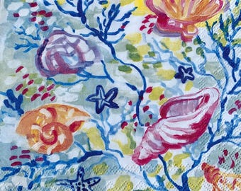 decoupage napkins, seashell paper napkins, 3 individual colorful coral cocktail napkins for decoupage scrapbooking cardmaking paper crafts