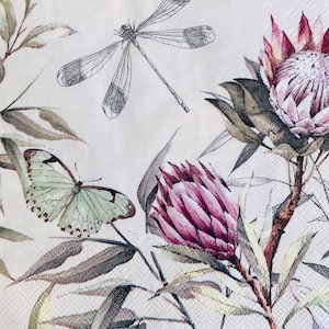 decoupage napkins, dragonfly paper napkins, 3 individual butterfly flower cocktail size napkins for decoupage scrapbook card making crafts