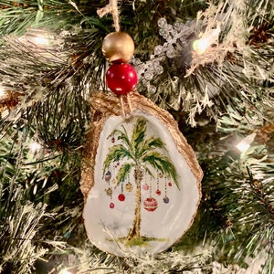 Oyster shell ornament, palm tree ornament, decoupaged oyster, Christmas ornament, oyster ornament