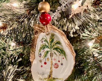 Oyster shell ornament, palm tree ornament, decoupaged oyster, Christmas ornament, oyster ornament