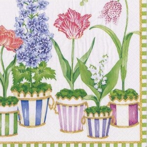 May include: A white background with a floral design featuring a variety of flowers in pots. The flowers include pink tulips, blue delphiniums, and white lily of the valley. The pots are decorated with stripes in blue, pink, and green.